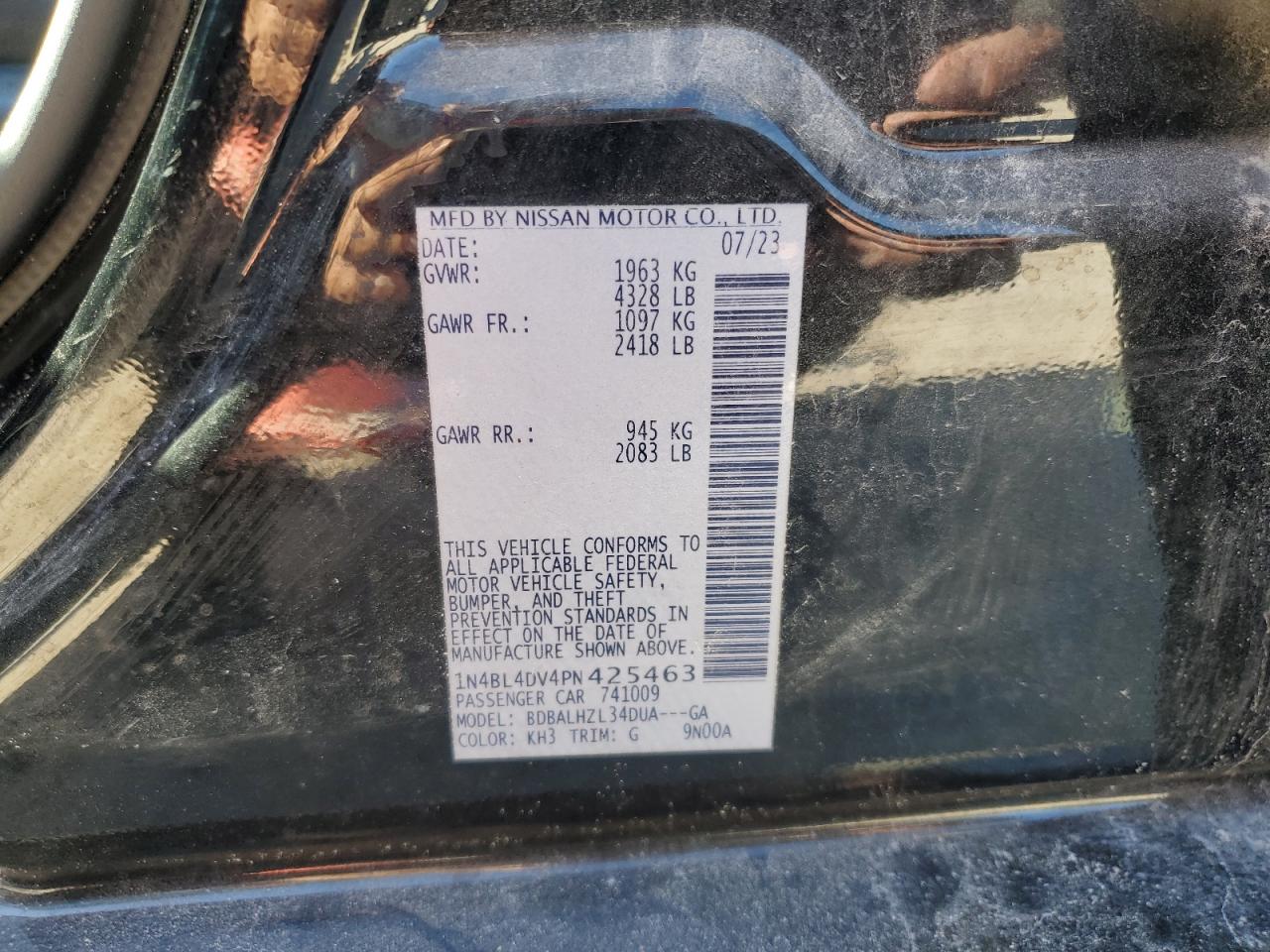 2023 NISSAN ALTIMA SV VIN:1N4BL4DV4PN425463