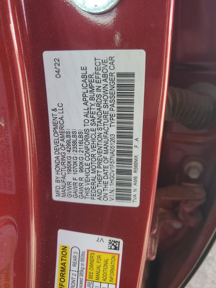 2022 HONDA ACCORD EXL VIN:1HGCV1F57NA051263