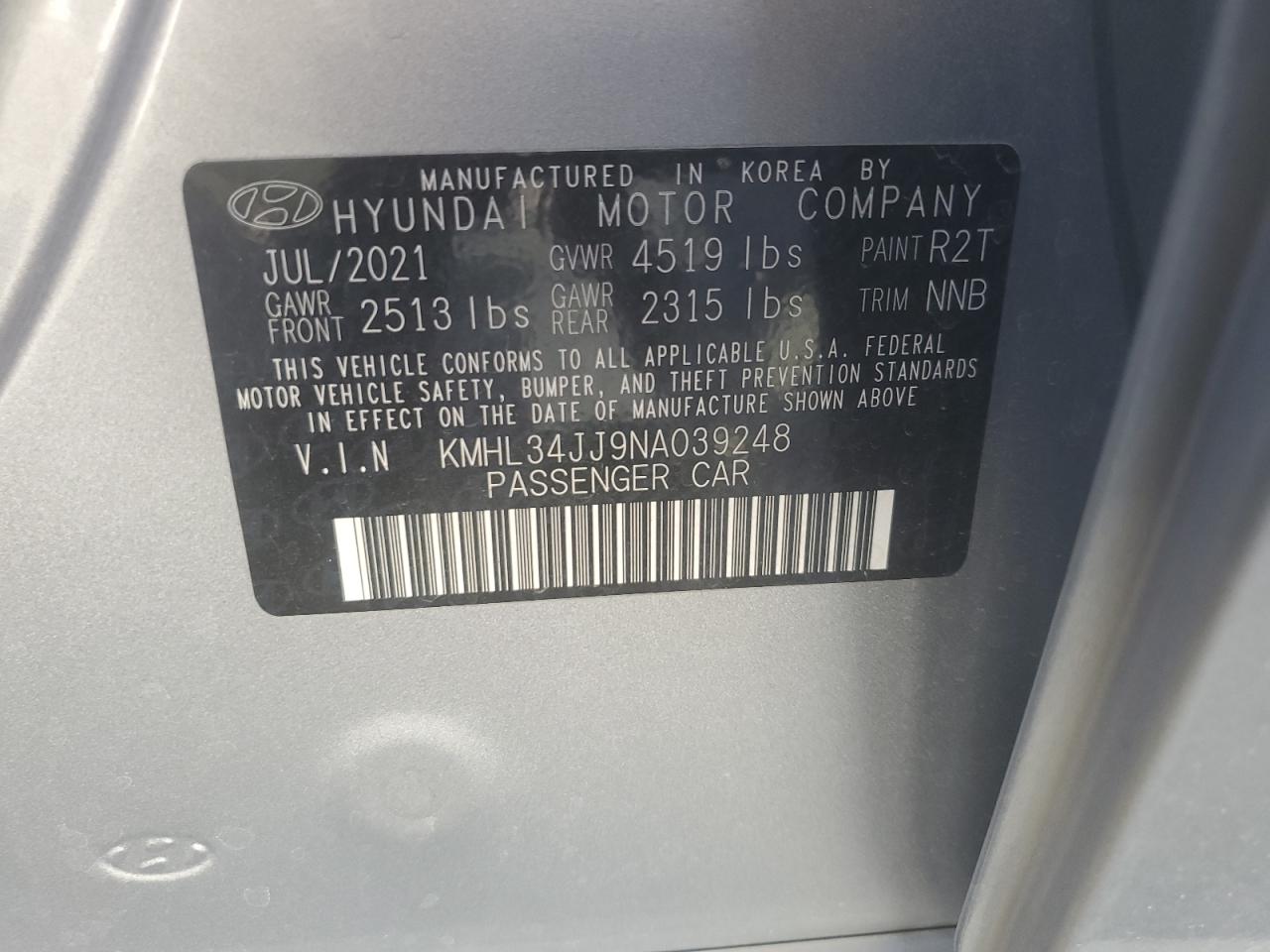 2022 HYUNDAI SONATA HYBRID VIN:KMHL34JJ9NA039248
