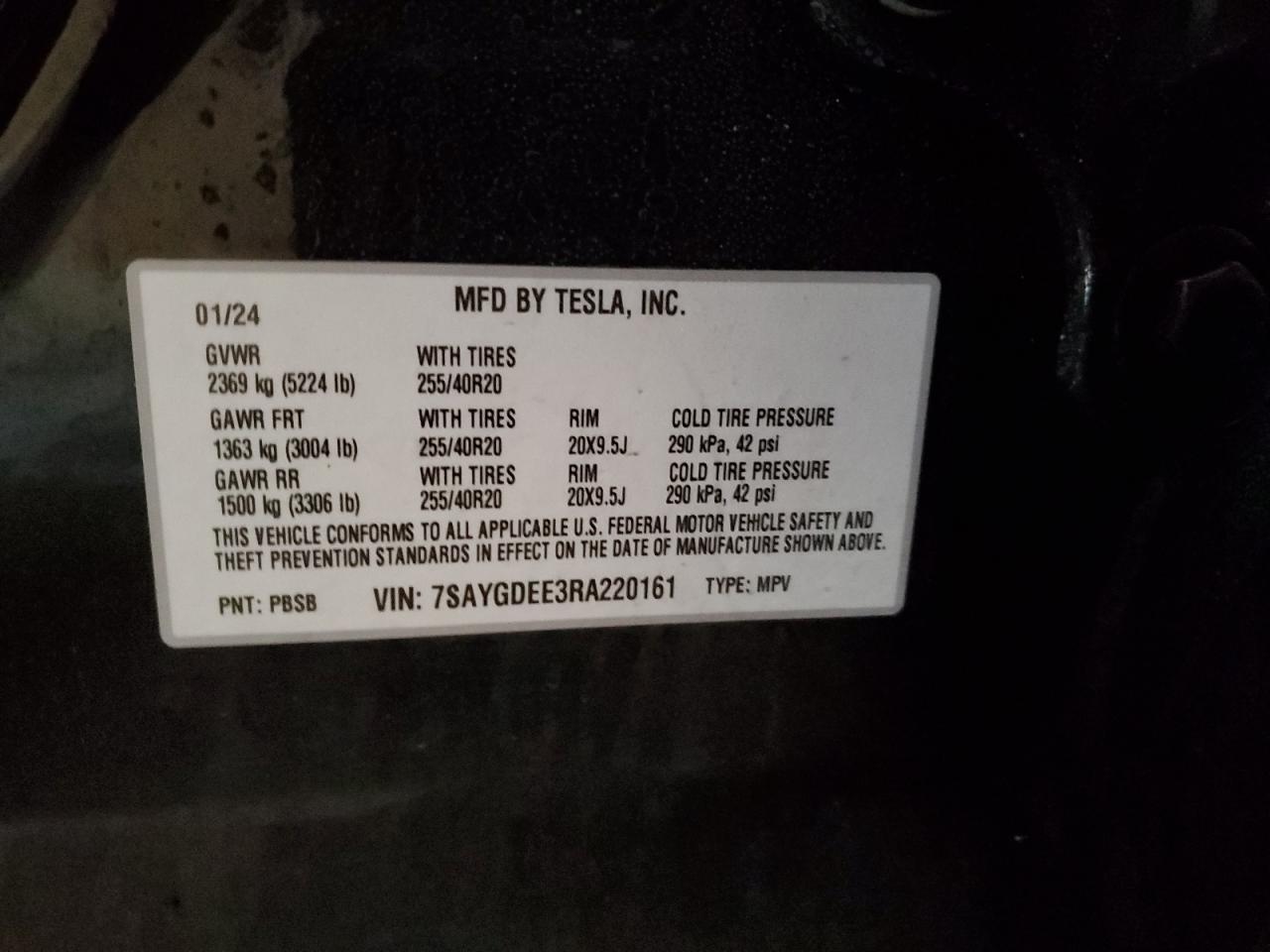2024 TESLA MODEL Y VIN:7SAYGDEE3RA220161