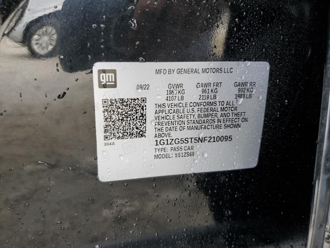 2022 CHEVROLET MALIBU RS VIN:1G1ZG5ST5NF210095