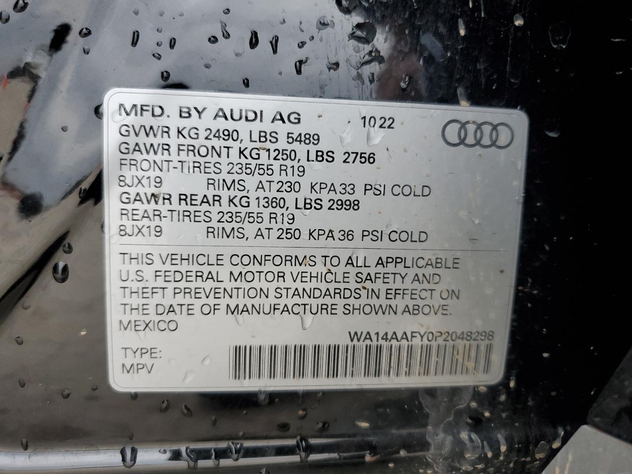 2023 AUDI Q5 SPORTBACK PREMIUM 45 VIN:WA14AAFY0P2048298