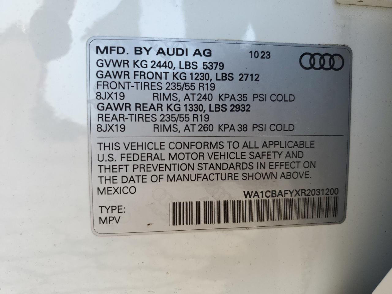 2024 AUDI Q5 PRESTIGE 40 VIN:WA1CBAFYXR2031200