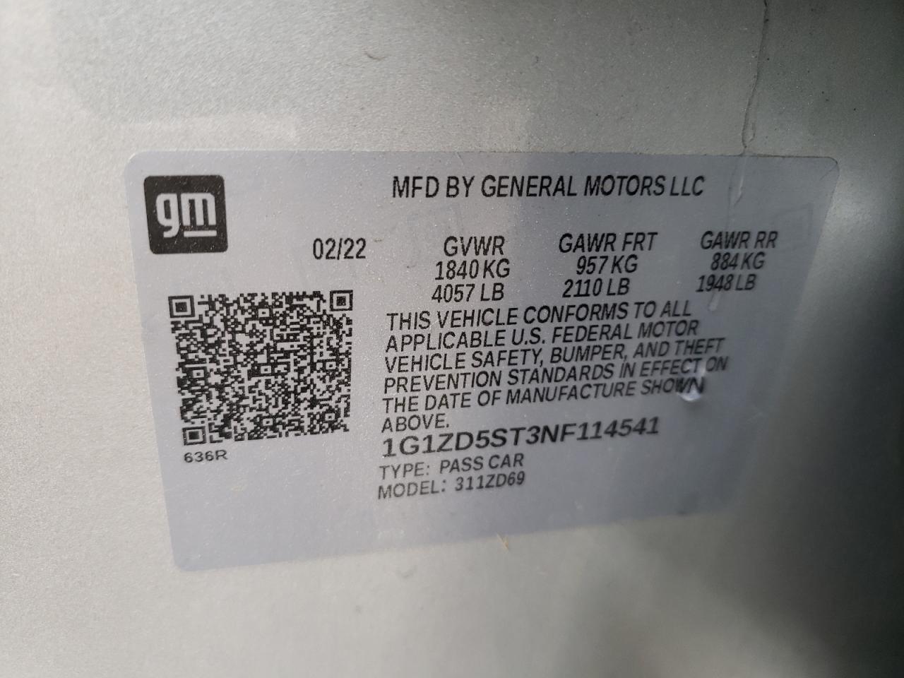 2022 CHEVROLET MALIBU LT VIN:1G1ZD5ST3NF114541