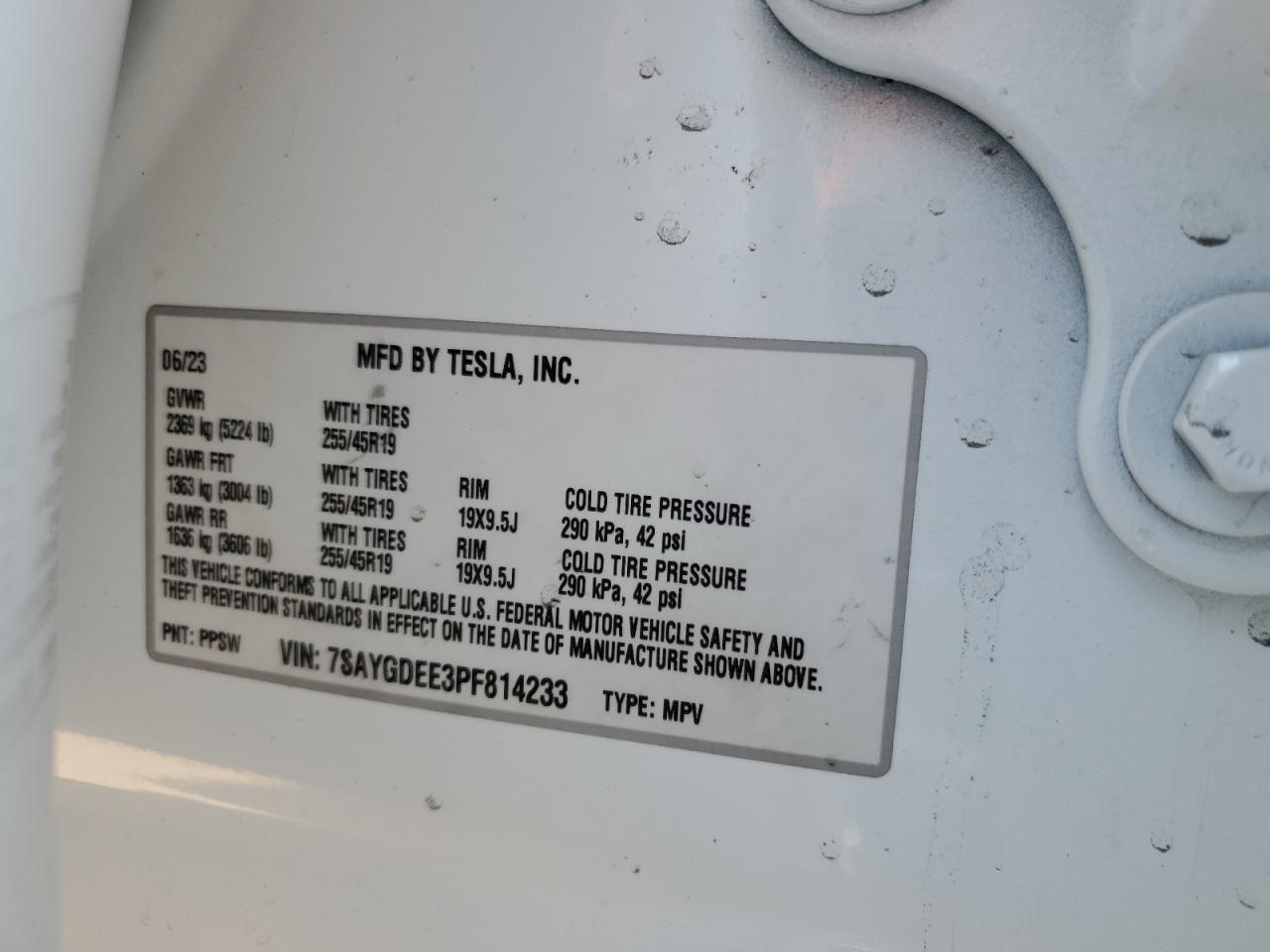 2023 TESLA MODEL Y VIN:7SAYGDEE3PF814233