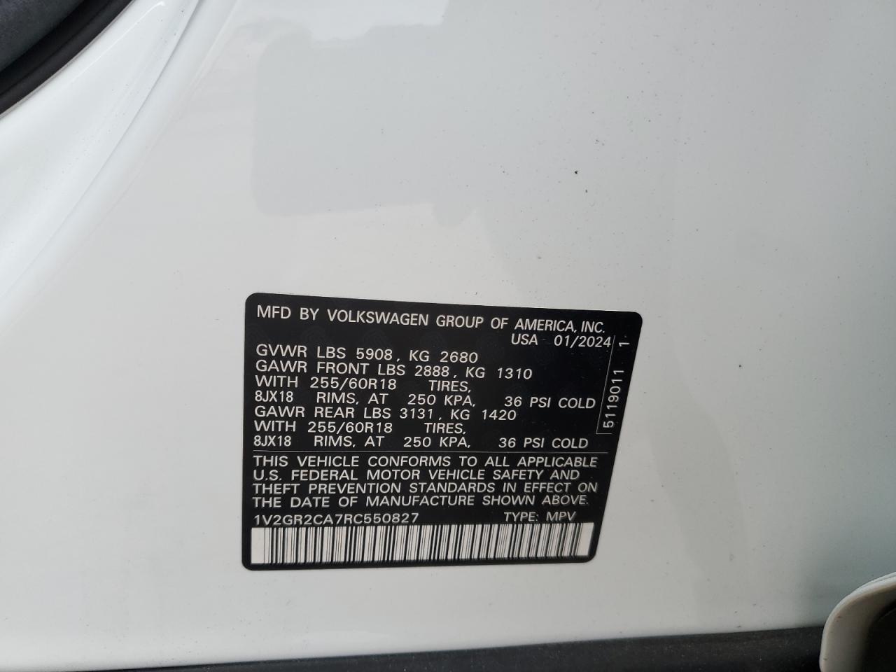 2024 VOLKSWAGEN ATLAS PEAK EDITION SEL VIN:1V2GR2CA7RC550827