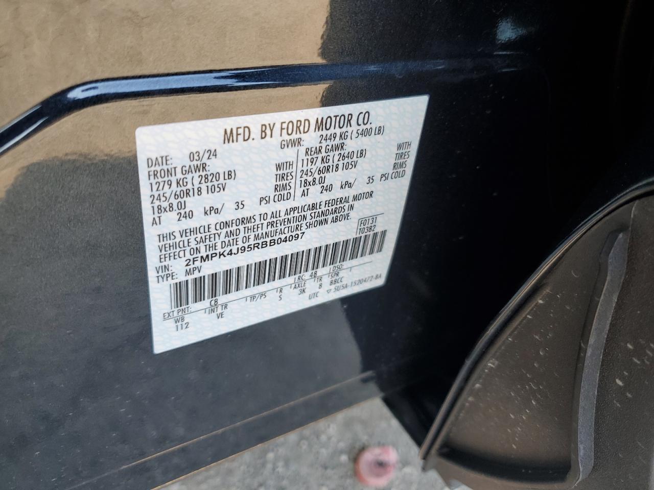 2024 FORD EDGE SEL VIN:2FMPK4J95RBB04097