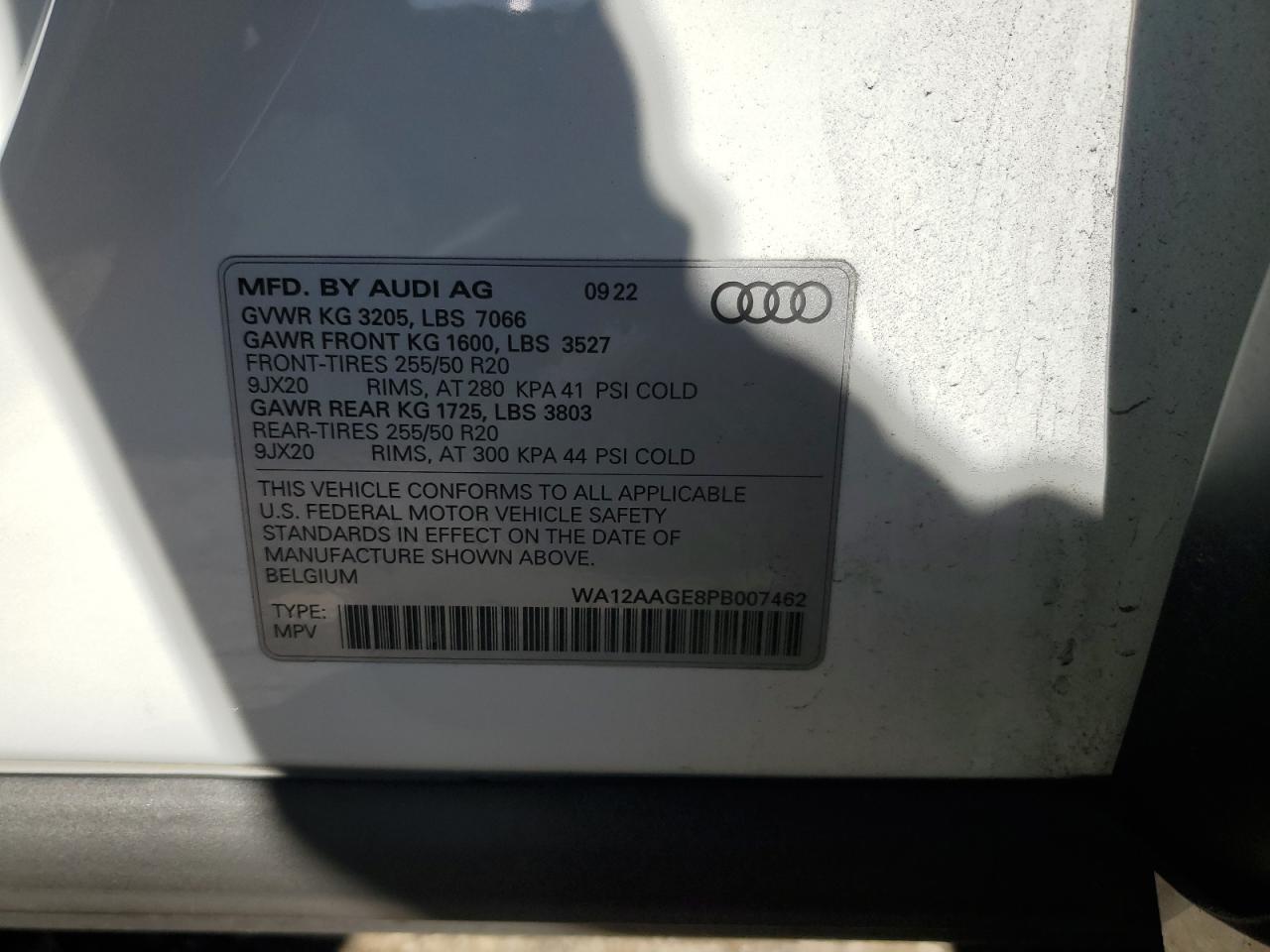 2023 AUDI E-TRON SPORTBACK PREMIUM PLUS VIN:WA12AAGE8PB007462
