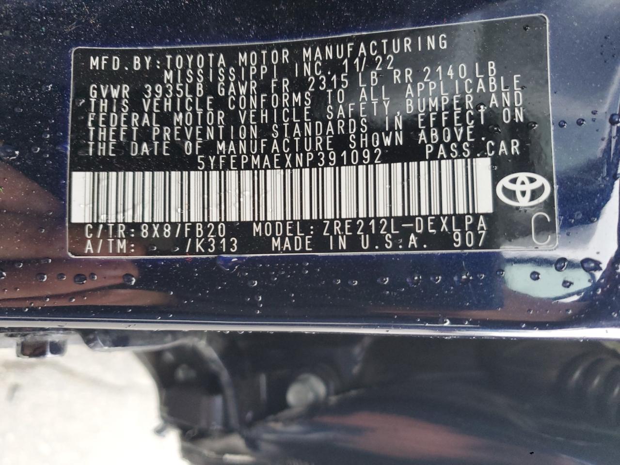 2022 TOYOTA COROLLA LE VIN:5YFEPMAEXNP391092