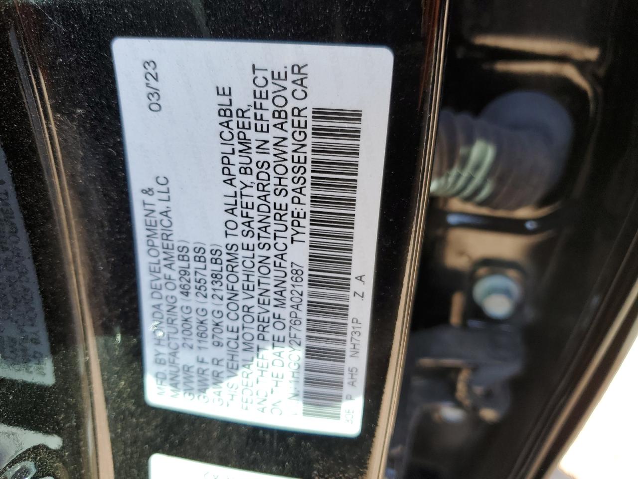 2023 HONDA ACCORD HYBRID SPORT-L VIN:1HGCY2F76PA021687