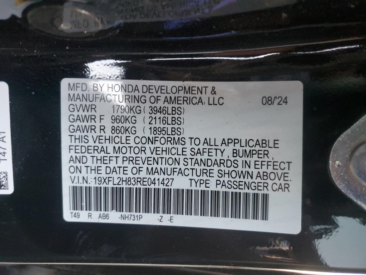 2024 HONDA CIVIC SPORT VIN:19XFL2H83RE041427