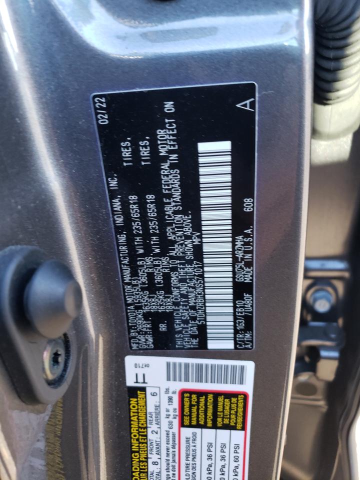 2022 TOYOTA HIGHLANDER XLE VIN:5TDHZRBH3NS571017