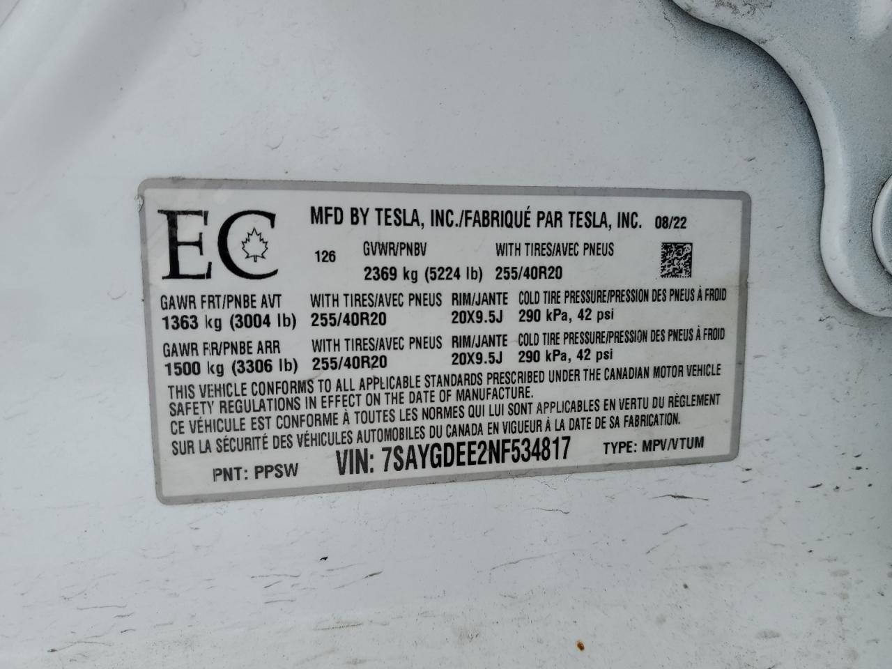 2022 TESLA MODEL Y VIN:7SAYGDEE2NF534817