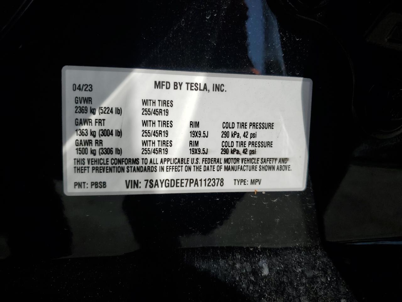 2023 TESLA MODEL Y VIN:7SAYGDEE7PA112378