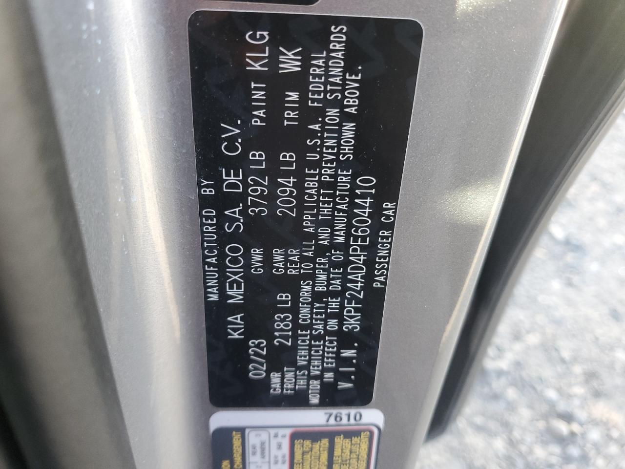 2023 KIA FORTE LX VIN:3KPF24AD4PE604410