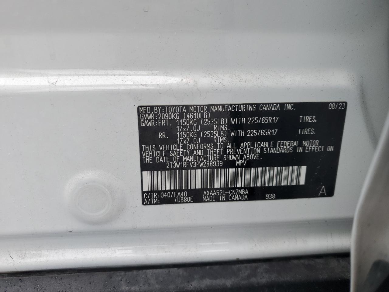 2023 TOYOTA RAV4 XLE VIN:2T3W1RFV3PW288939