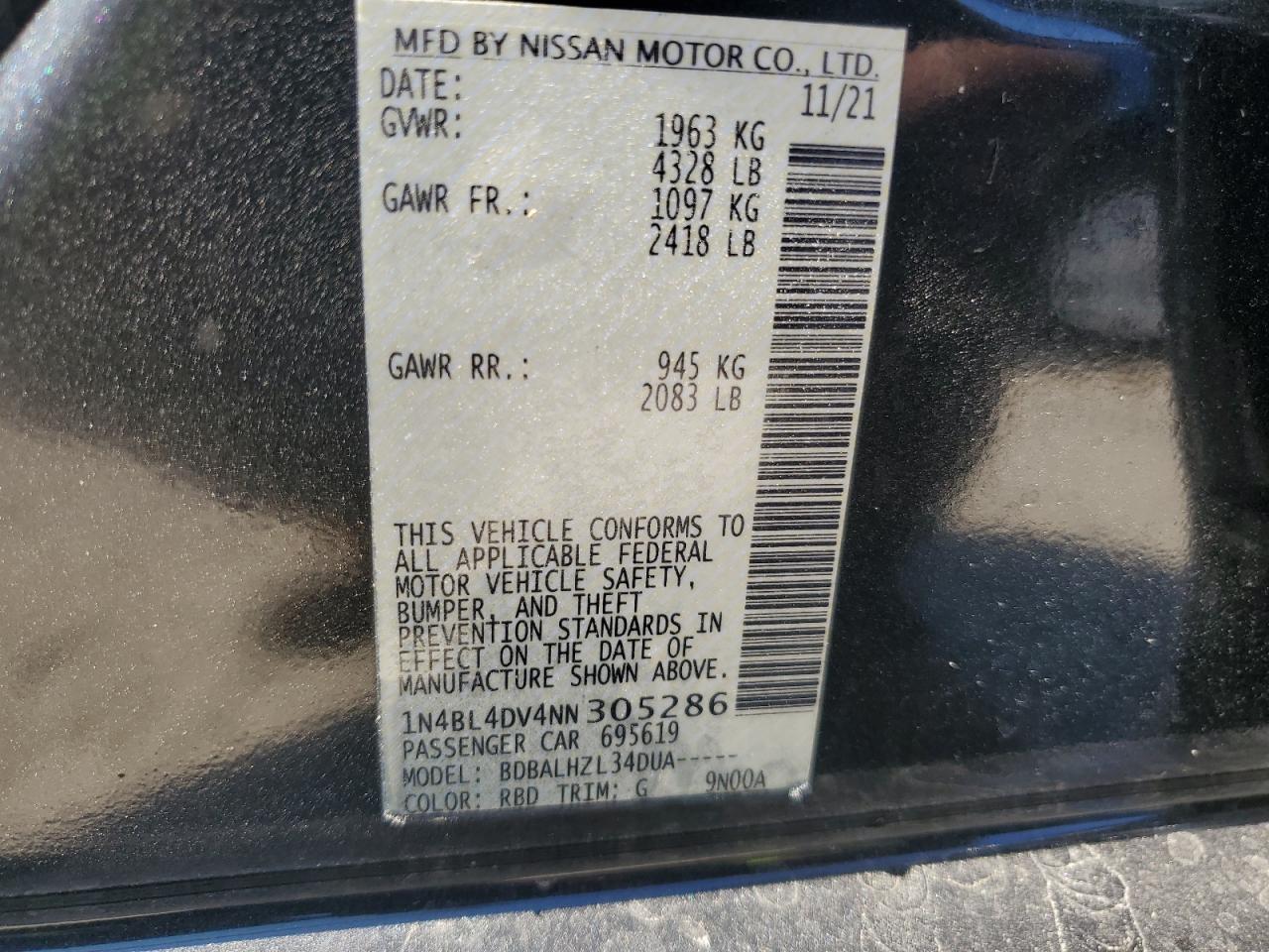 2022 NISSAN ALTIMA SV VIN:1N4BL4DV4NN305286
