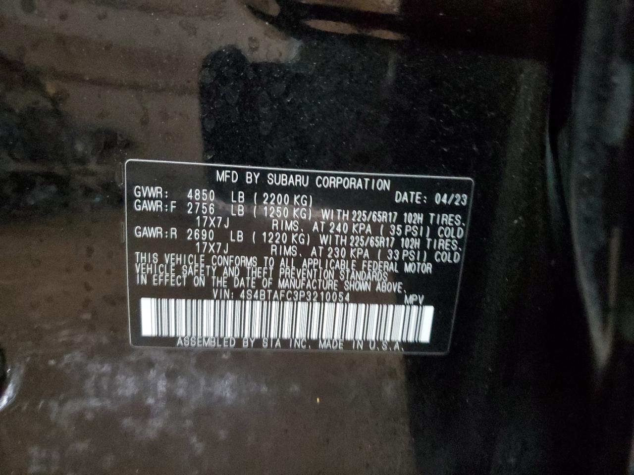 2023 SUBARU OUTBACK PREMIUM VIN:4S4BTAFC3P3210054