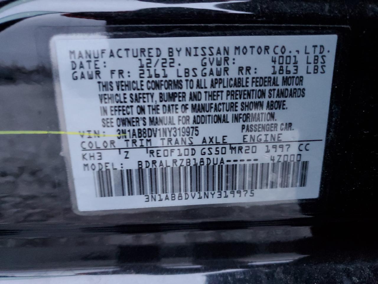 2022 NISSAN SENTRA SR VIN:3N1AB8DV1NY319975
