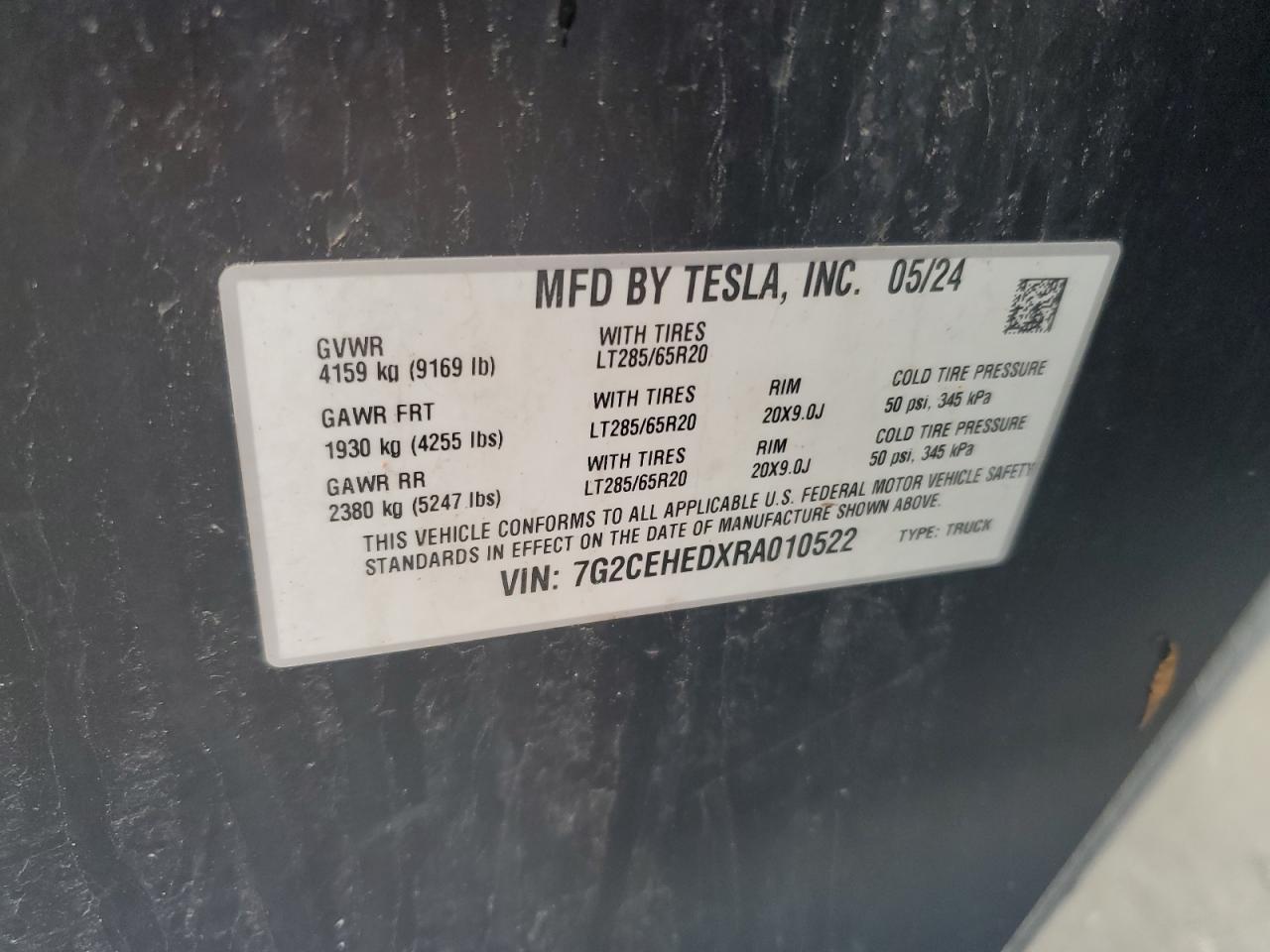 2024 TESLA CYBERTRUCK VIN:7G2CEHEDXRA010522