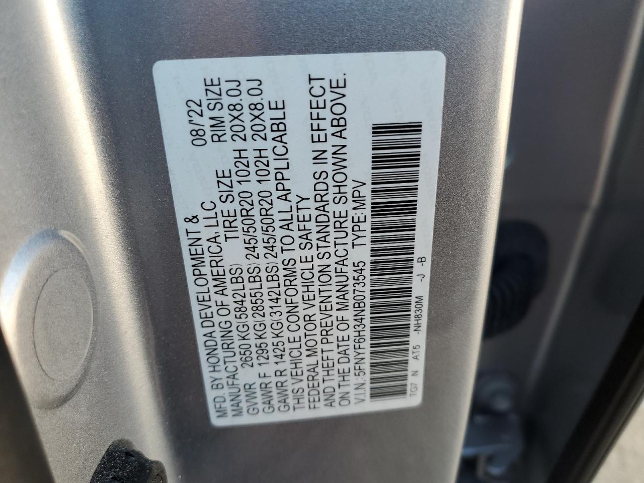 2022 HONDA PILOT SPORT VIN:5FNYF6H34NB073545