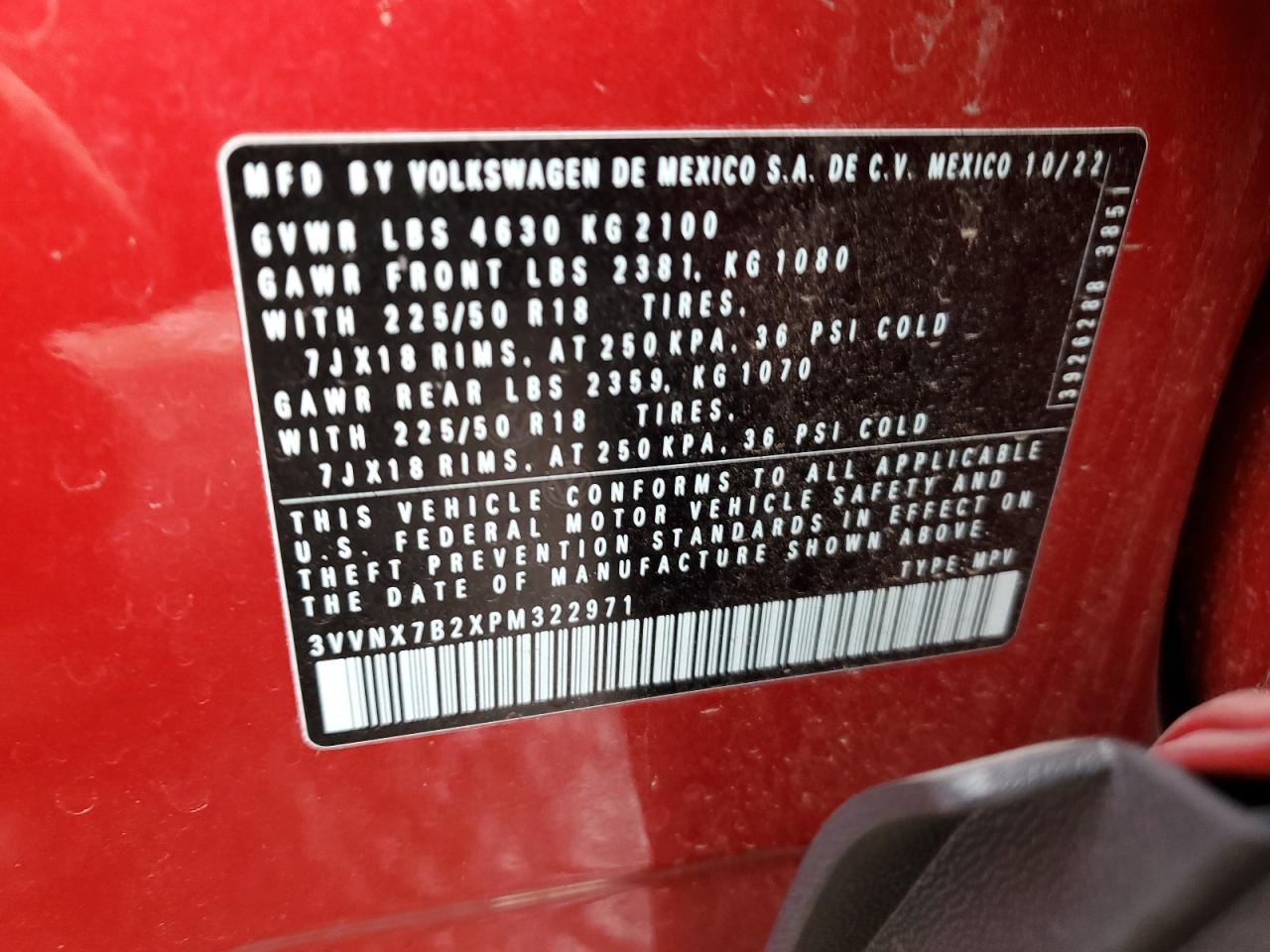 2023 VOLKSWAGEN TAOS SE VIN:3VVNX7B2XPM322971