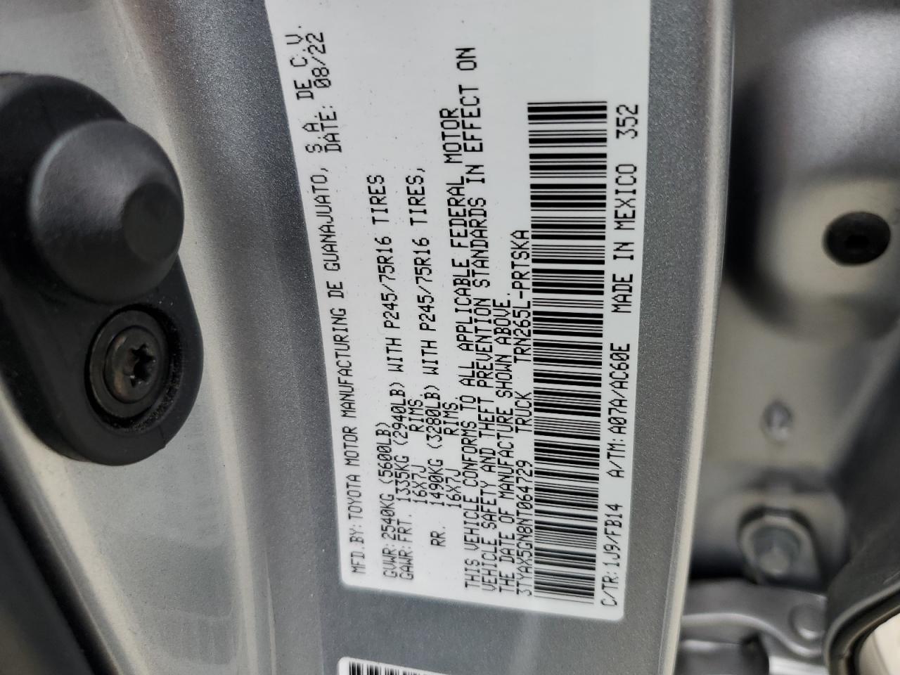 2022 TOYOTA TACOMA DOUBLE CAB VIN:3TYAX5GN8NT064729