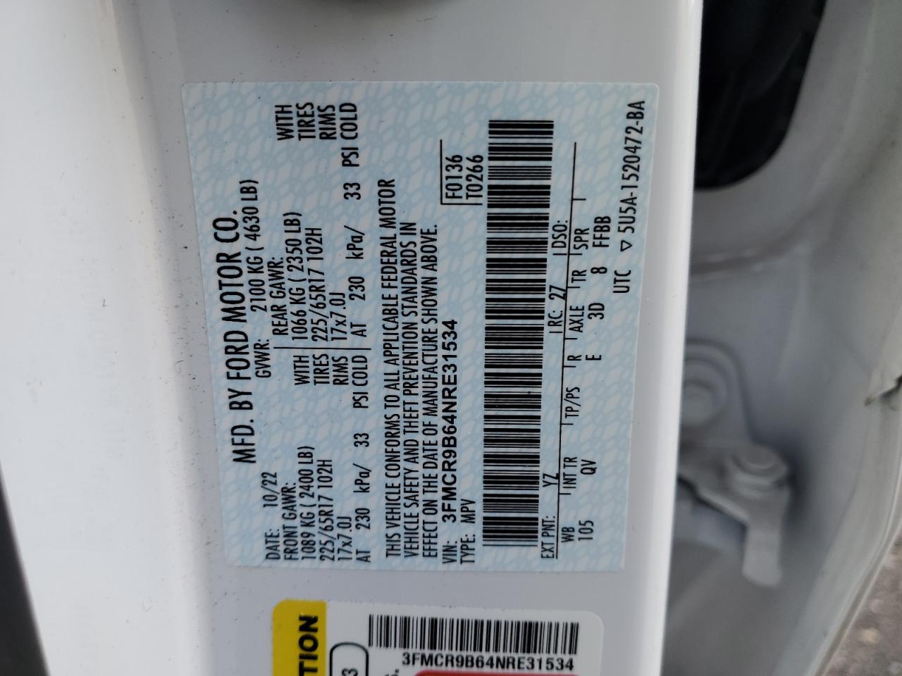 2022 FORD BRONCO SPORT BIG BEND VIN:3FMCR9B64NRE31534