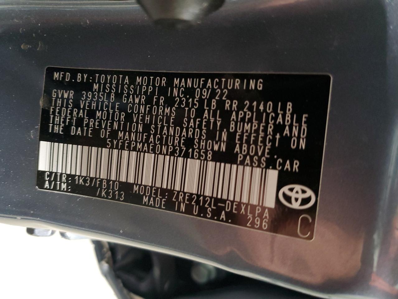 2022 TOYOTA COROLLA LE VIN:5YFEPMAE0NP371658