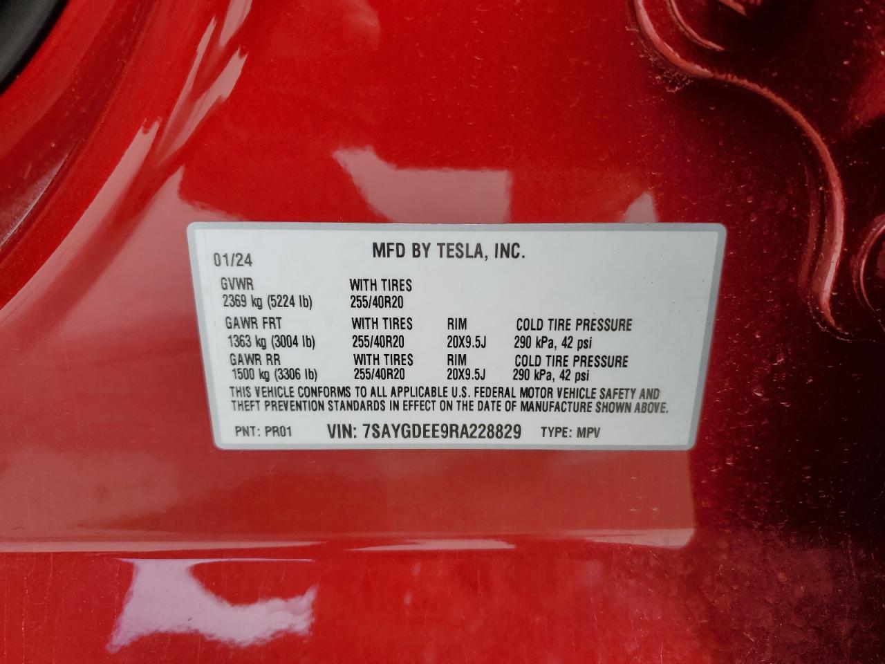 2024 TESLA MODEL Y VIN:7SAYGDEE9RA228829