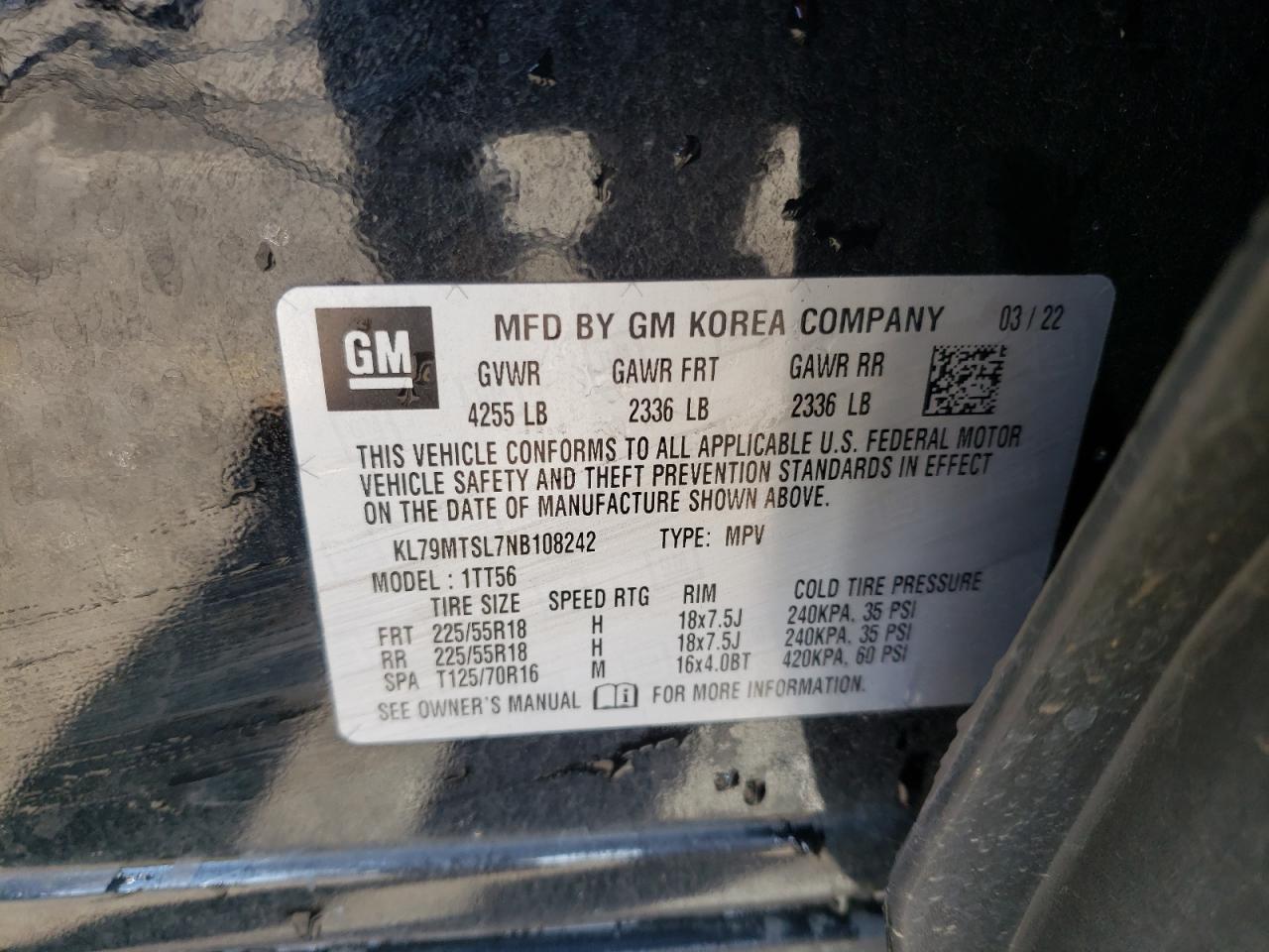 2022 CHEVROLET TRAILBLAZER RS VIN:KL79MTSL7NB108242