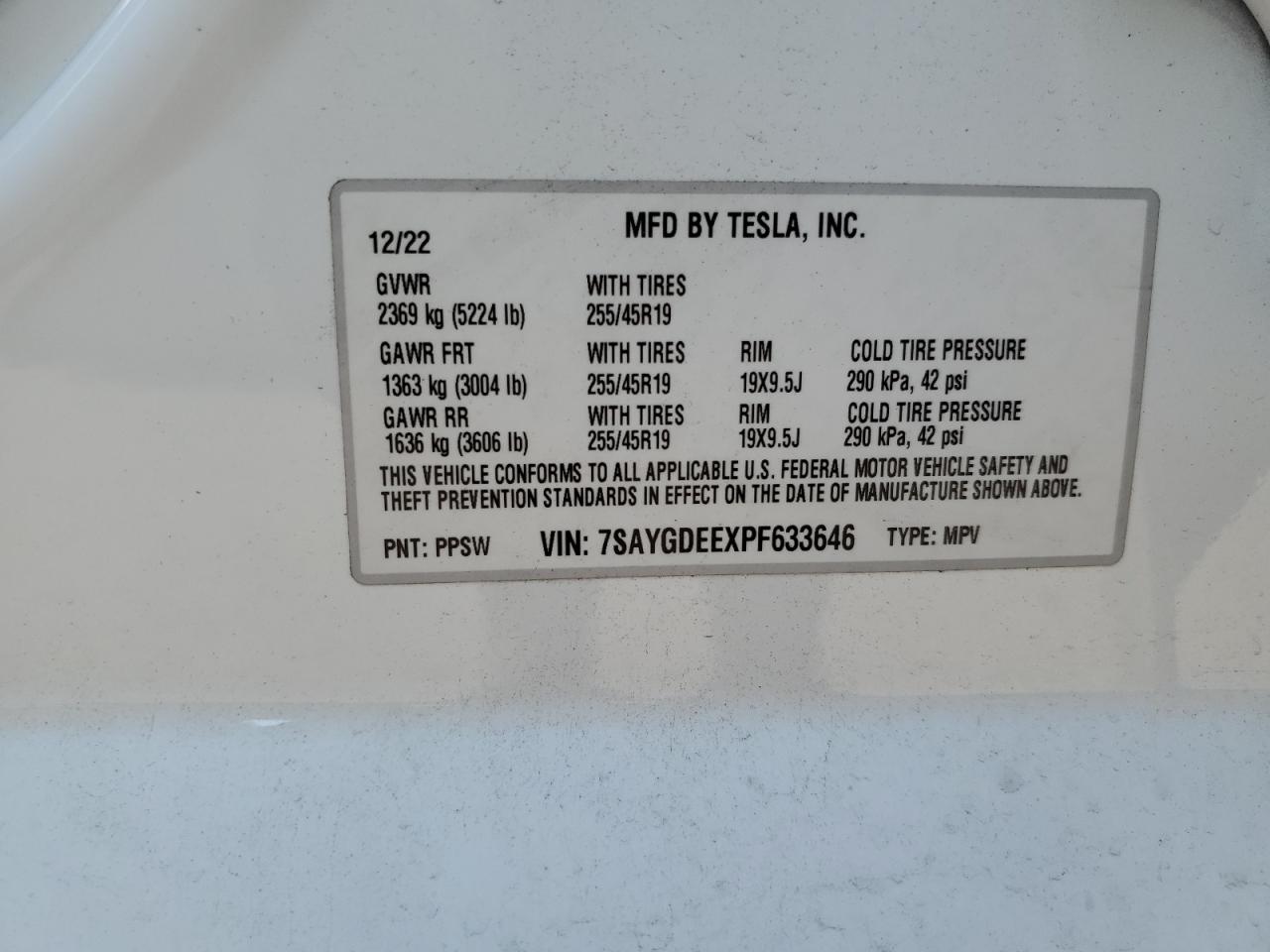 2023 TESLA MODEL Y VIN:7SAYGDEEXPF633646