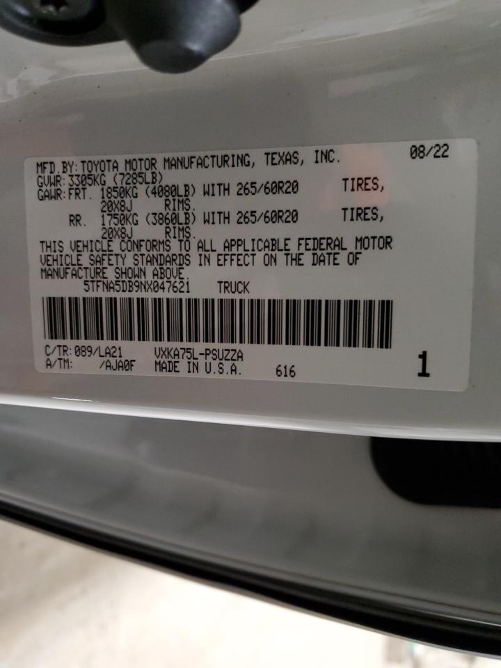 2022 TOYOTA TUNDRA CREWMAX PLATINUM VIN:5TFNA5DB9NX047621