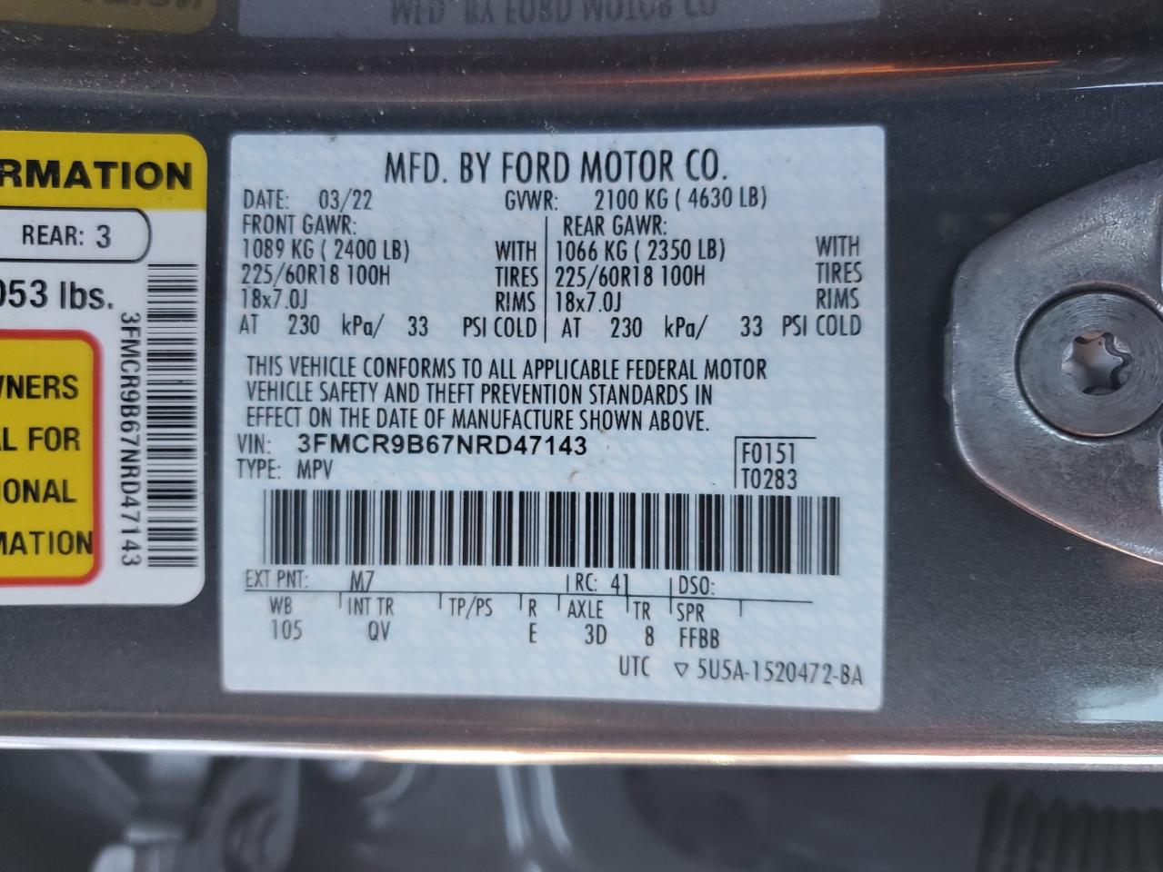 2022 FORD BRONCO SPORT BIG BEND VIN:3FMCR9B67NRD47143