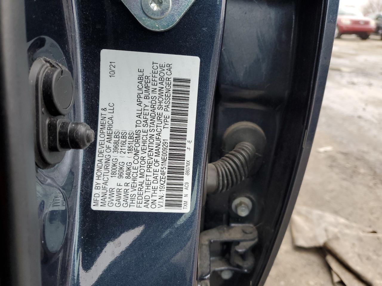 2022 HONDA INSIGHT EX VIN:19XZE4F51NE009291