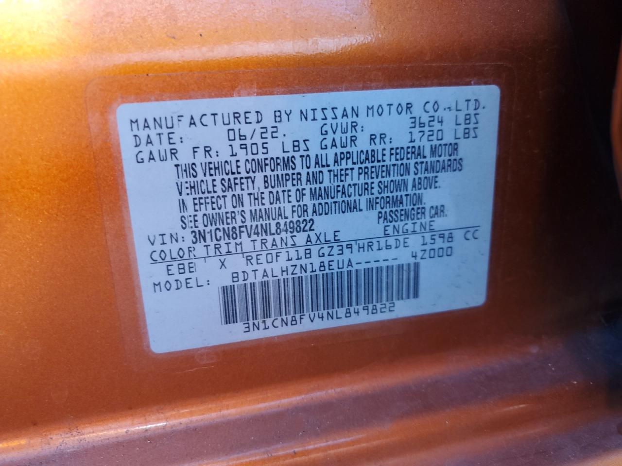 2022 NISSAN VERSA SR VIN:3N1CN8FV4NL849822
