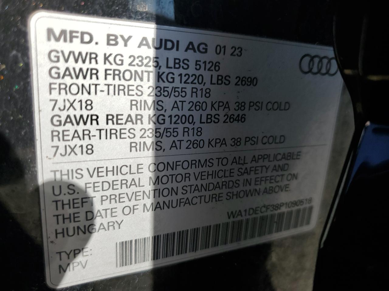 2023 AUDI Q3 PREMIUM S LINE 45 VIN:WA1DECF38P1090518