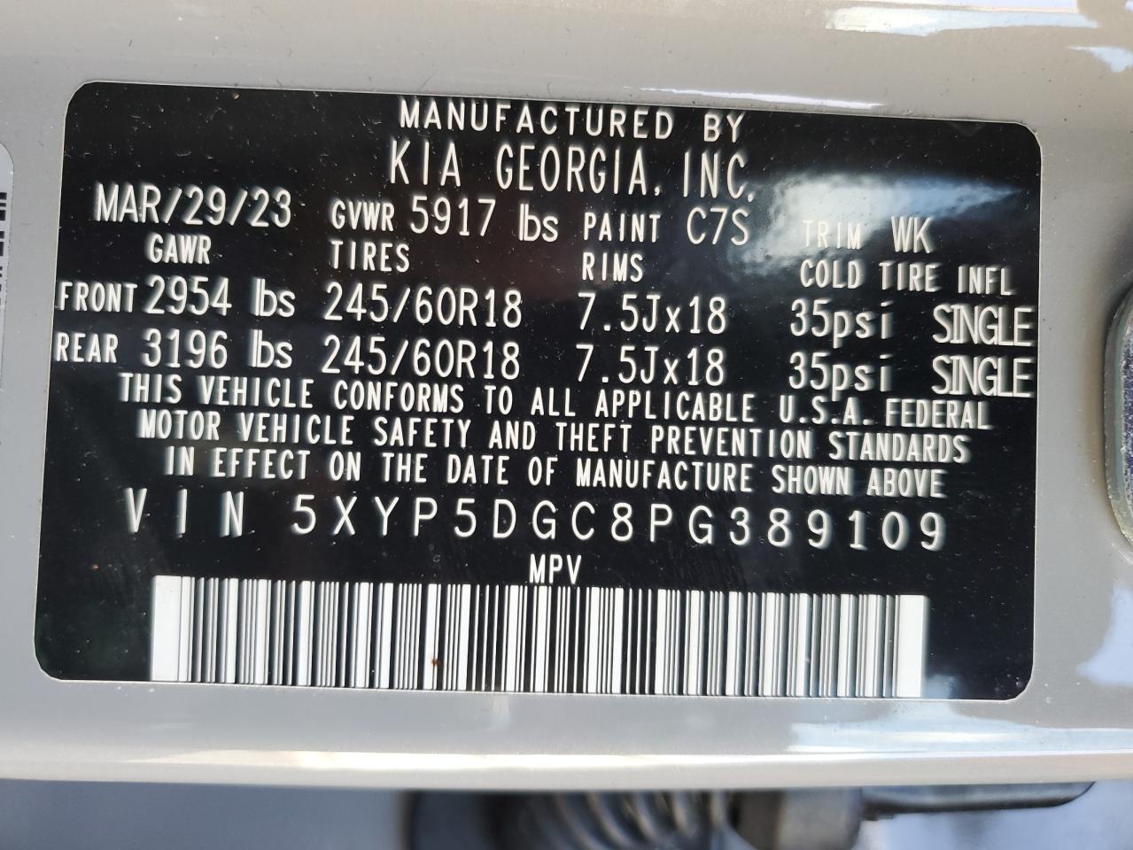 2023 KIA TELLURIDE SX VIN:5XYP5DGC8PG389109