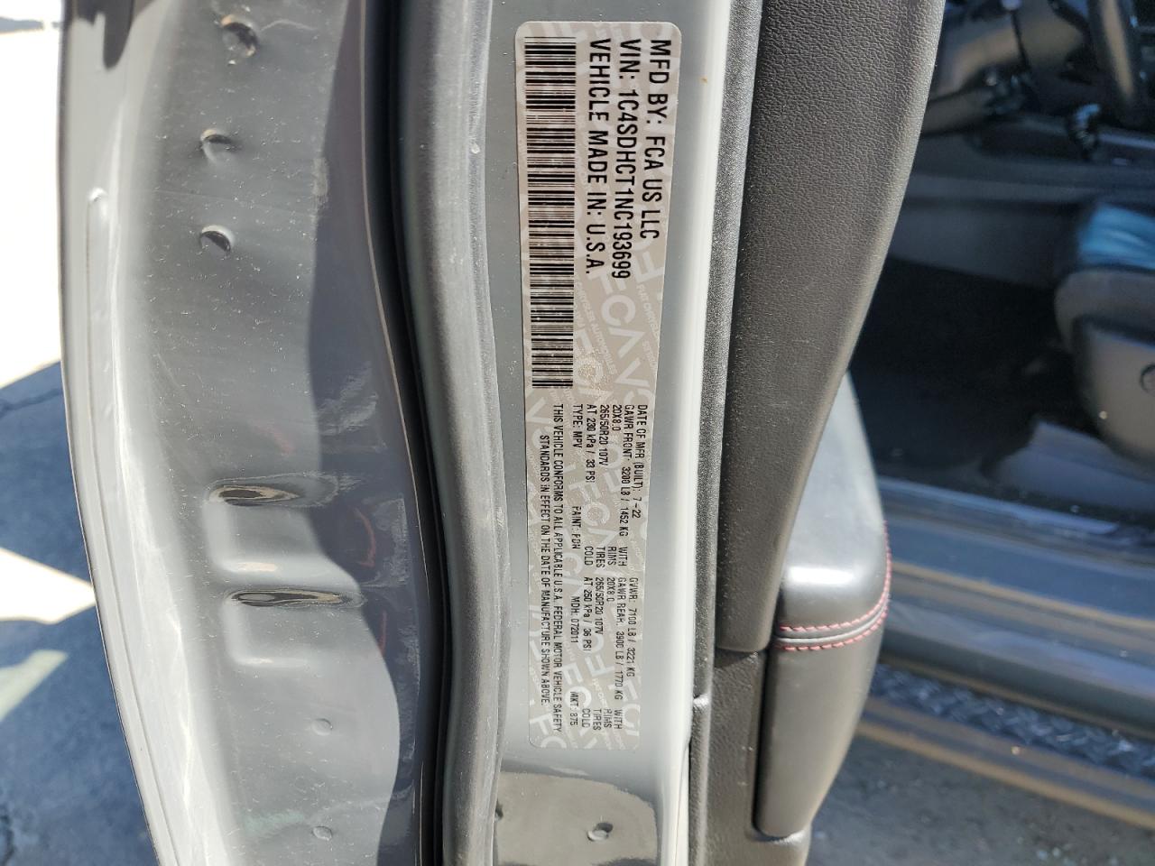 2022 DODGE DURANGO R/T VIN:1C4SDHCT1NC193699