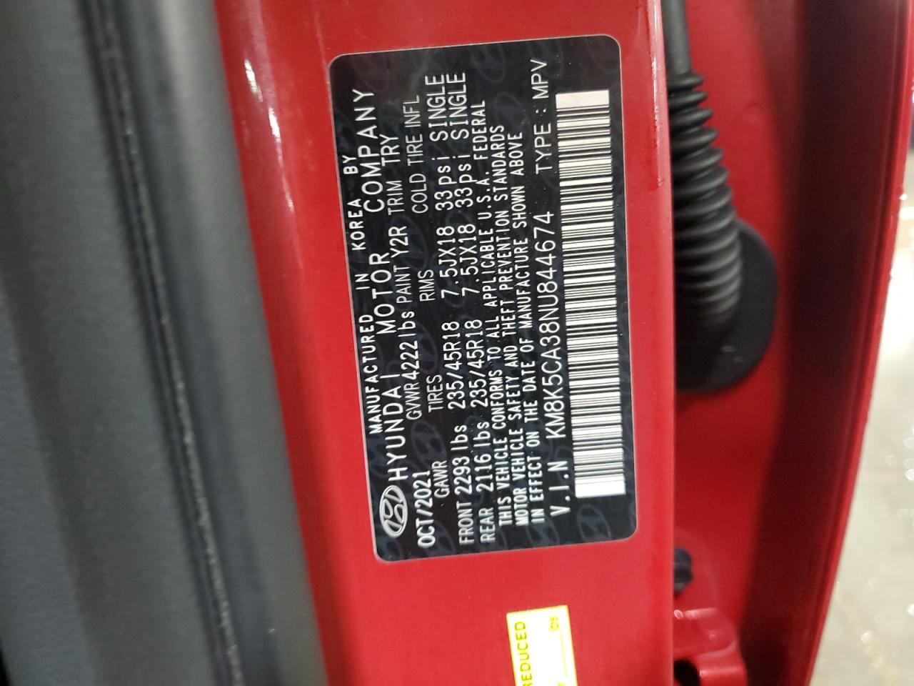 2022 HYUNDAI KONA LIMITED VIN:KM8K5CA38NU844674