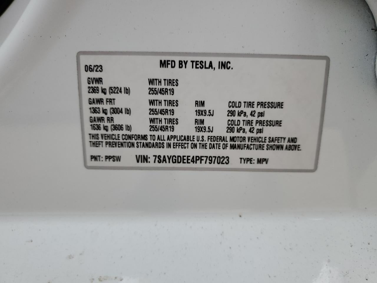 2023 TESLA MODEL Y VIN:7SAYGDEE4PF797023
