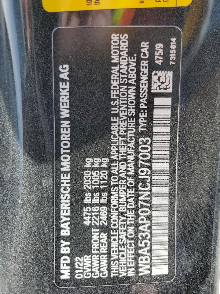 2022 BMW 430I VIN:WBA53AP07NCJ97003