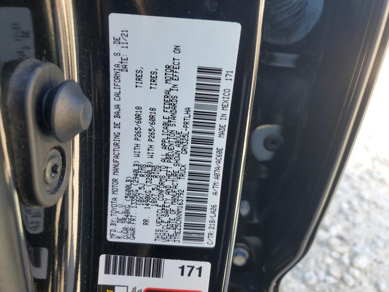 2022 TOYOTA TACOMA DOUBLE CAB VIN:3TMEZ5CNXNM163792