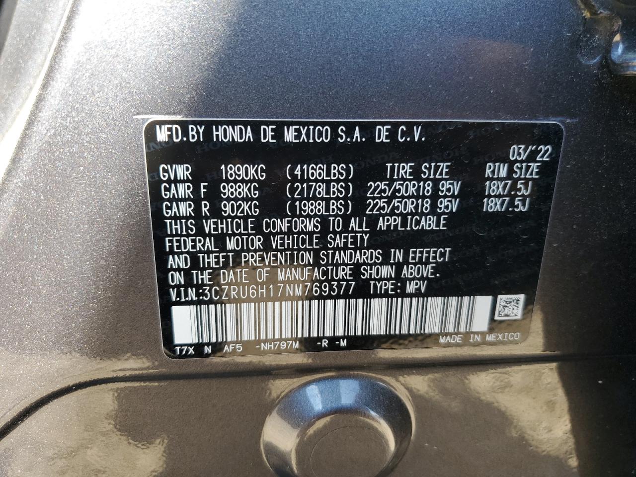 2022 HONDA HR-V SPORT VIN:3CZRU6H17NM769377