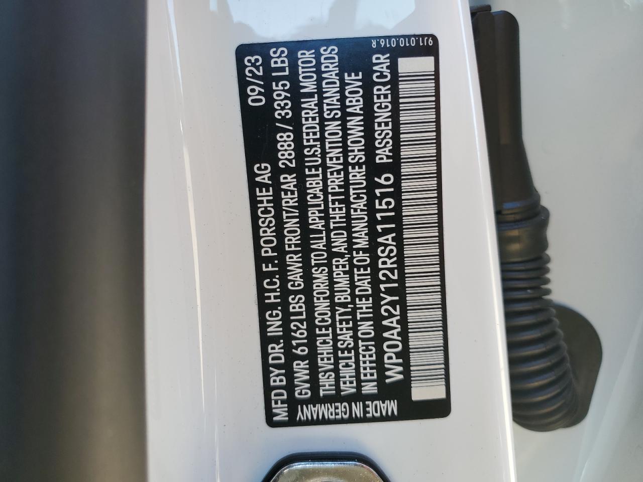2024 PORSCHE TAYCAN VIN:WP0AA2Y12RSA11516