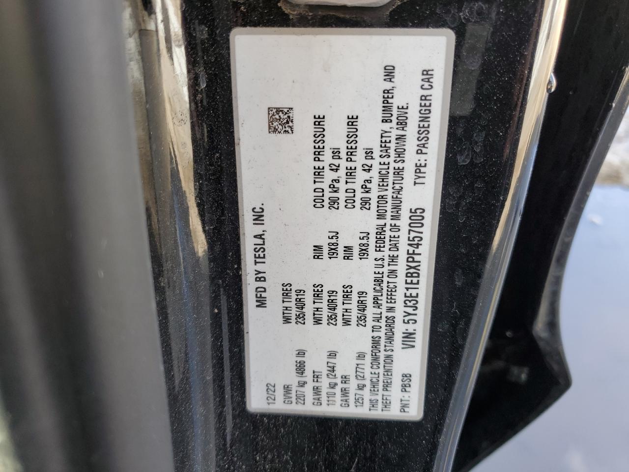 2023 TESLA MODEL 3 VIN:5YJ3E1EBXPF457005