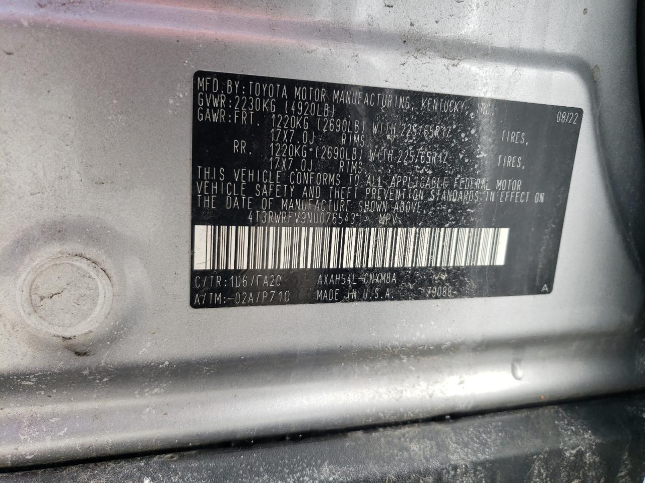 2022 TOYOTA RAV4 XLE VIN:4T3RWRFV9NU076543