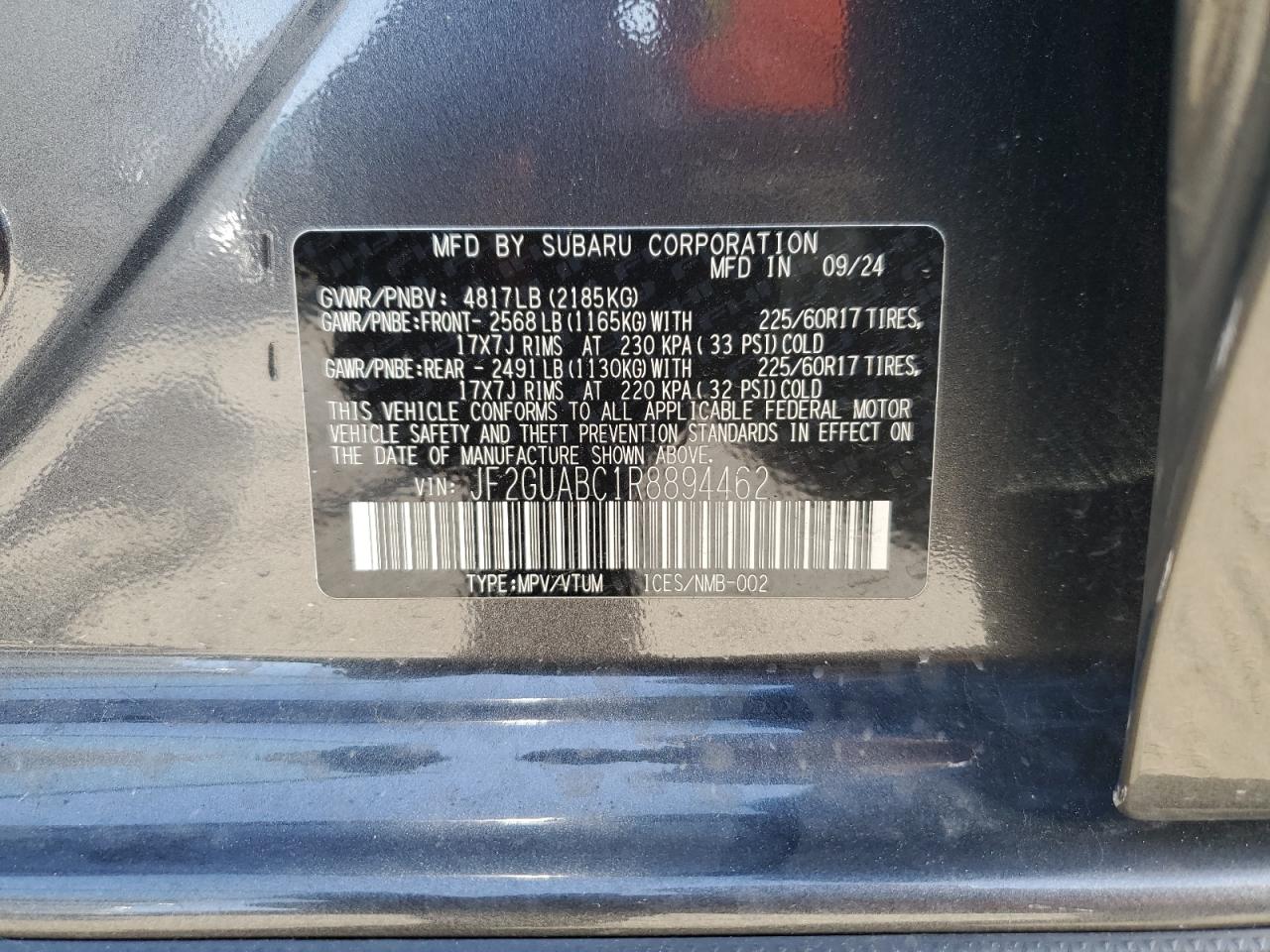 2024 SUBARU CROSSTREK VIN:JF2GUABC1R8894462