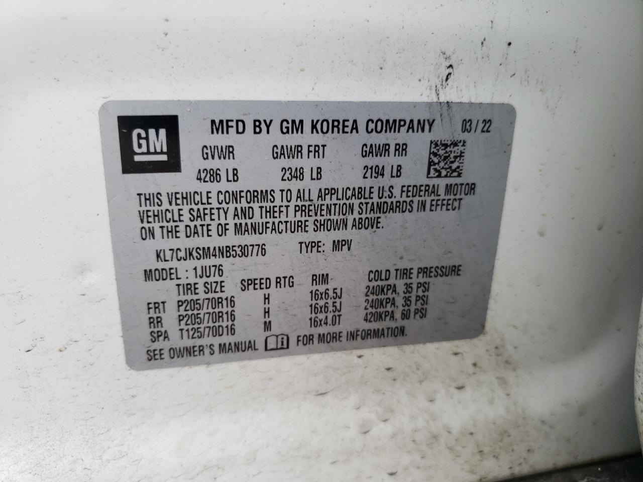 2022 CHEVROLET TRAX LS VIN:KL7CJKSM4NB530776