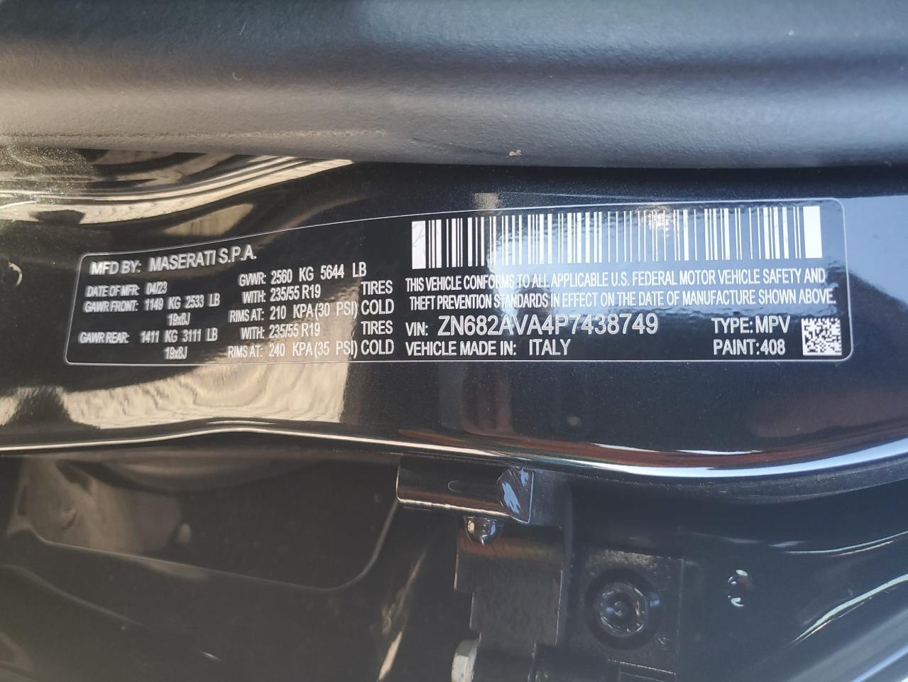 2023 MASERATI GRECALE GT VIN:ZN682AVA4P7438749